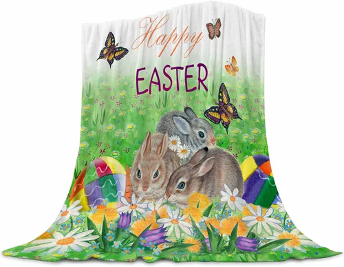 Miniatura 11 de Manta de Pascua para niños, cálida manta de vellón de felpa de franela, manta de cama con cola de conejo, huevos de Pascua, conejo, flores