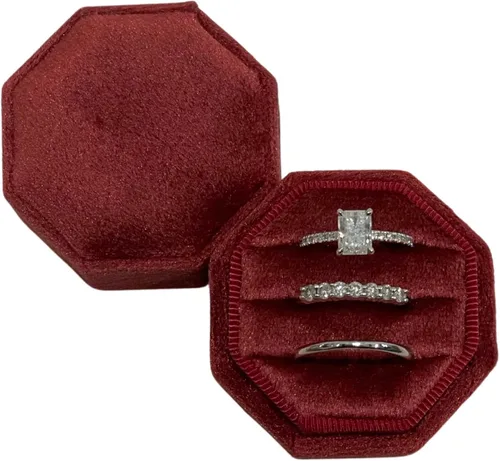 Miniatura 3 de Caja para anillos de compromiso de alta calidad, 3 ranuras, octágono, joyero, anillo de terciopelo vintage, caja de joyería para compromiso