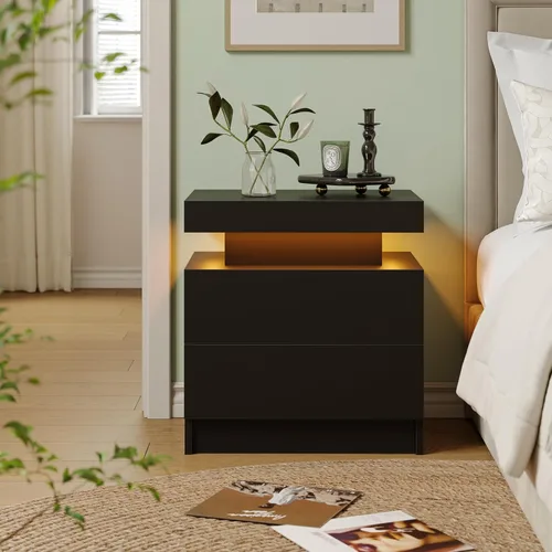 Miniatura 3 de Mesita de noche LED negra moderna con 2 cajones para mesa auxiliar de dormitorio