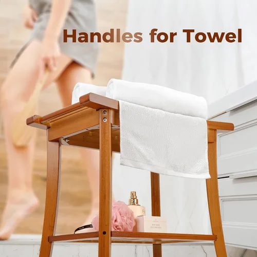 Miniatura 6 de Utoplike Banco de ducha de bambú con almacenamiento, taburete de ducha de madera con asas, asiento de baño para toallas, spa, ducha