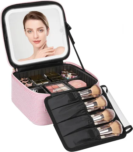 Miniatura 15 de Relavel Estuche de maquillaje con espejo LED, 01-Negro, Bolsa de maquillaje de viaje con espejo LED para niñas