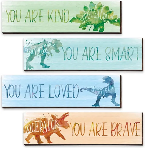 Yalikop 4 piezas de decoración de habitación de dinosaurio para niños, pósters inspiracionales placa de pared para dormitorio de niños guardería