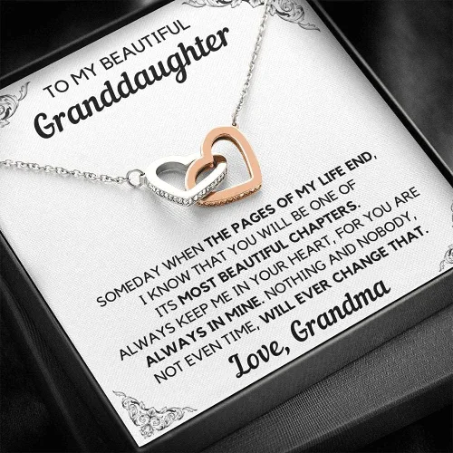 Tarjeta de mensaje, collar con colgante To My Beautiful Granddaughter From Grandma Chapters Juego de collar de corazones entrelazados