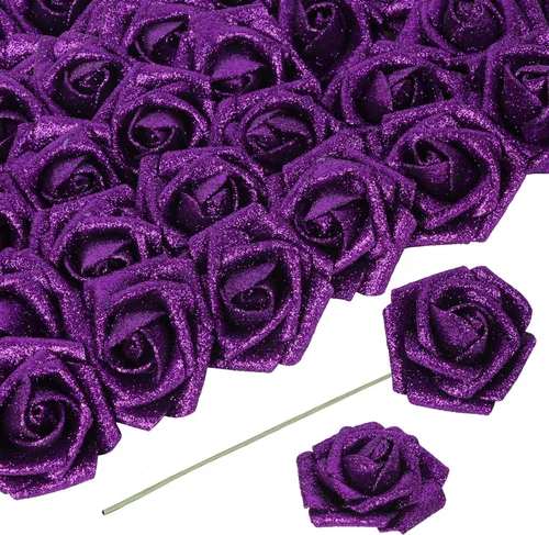Miniatura 11 de Flores negras con purpurina, 30 unidades, flores artificiales con purpurina, rosas de espuma con tallo, flores sintéticas para bricolaje, ramo