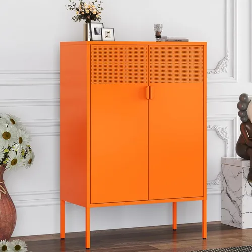 Miniatura 12 de Armario de almacenamiento de metal negro con 2 puertas, soporte de TV de 25 pulgadas de alto, armario de 2 niveles con estantes ajustables, gabinete