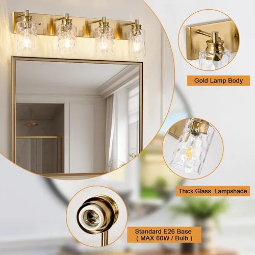Miniatura 4 de Accesorios de lámpara de tocador de baño de 2 luces, moderna lámpara de baño dorada cepillada sobre espejo con pantalla de vidrio martillado