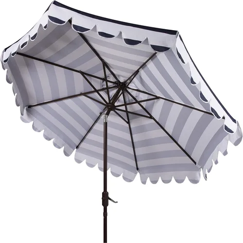 Miniatura 5 de SAFAVIEH Sombrilla de patio para exteriores, redonda, de 9 pies, colección Maui, rayas azul marino y blanco, manivela, inclinación con botón, Azul