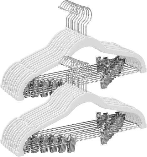 Miniatura 14 de SONGMICS Paquete de 20 perchas para pantalones, perchas de terciopelo de 16.7 pulgadas de largo con clips ajustables, perchas resistentes