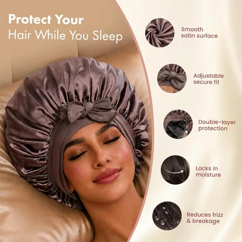 Miniatura 2 de LUCE Gorro de seda de satén para dormir, gorro de satén XL de doble capa de 600 hilos para mujer, gorro para dormir con lazo ajustable