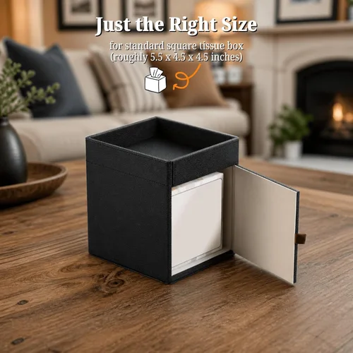 Miniatura 5 de LAMOTI Funda de cuero para caja de pañuelos con bandeja de almacenamiento, soporte cuadrado para caja de pañuelos faciales para baño, mesa de Negro
