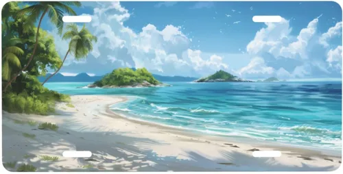 Miniatura 32 de Placa personalizada de licencia, placas decorativas personalizadas para el frente del automóvil con palmeras de playa y océano, placas de licencia