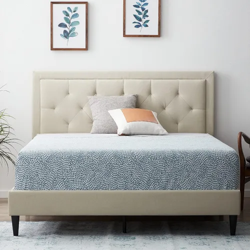 Miniatura 8 de Lucid - Cama de plataforma tapizada con cabecera de diamante con estructura de madera resistente, no requiere somier, King, carbón