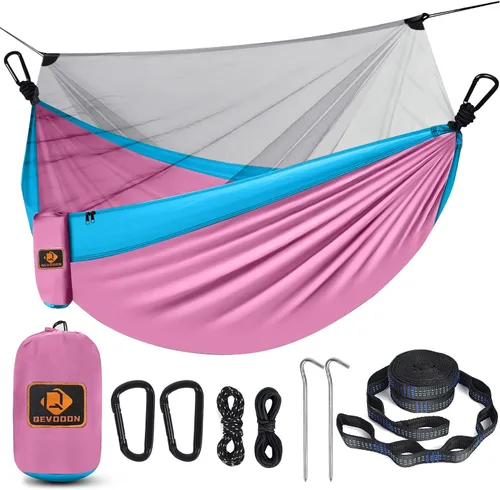 Miniatura 8 de Hamaca de camping con red, hamaca doble portátil ligera con correas para árbol y mosquetones sólidos en forma de D, hamaca de nailon de paracaídas
