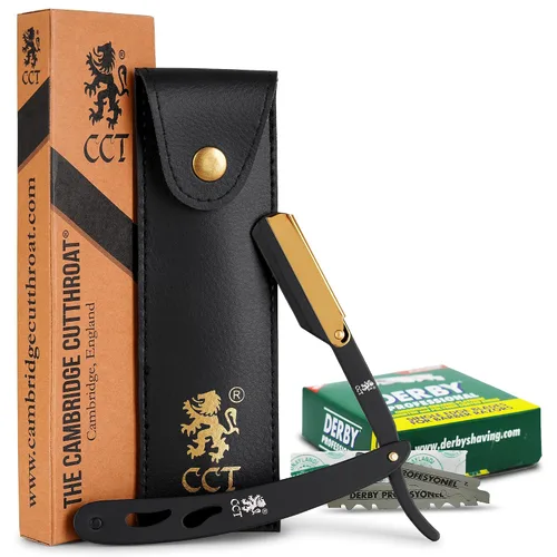 Kit de maquinilla de afeitar para cortar garganta con cuchillas y bolsa de viaje, afeitadora profesional de peluquería de acero inoxidable negro y