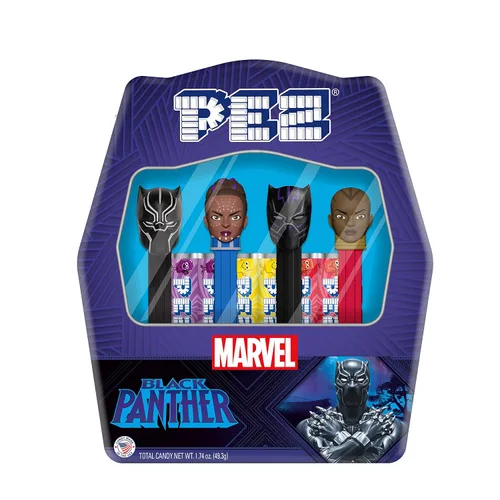 PEZ Juego de regalo Black Panther, incluye 4 dispensadores (Black Panther, Shuri, Purple Panther, Okoye) + 6 repuestos de dulces en lata