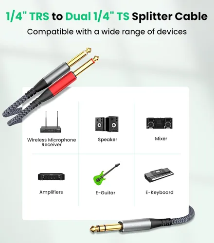 Miniatura 3 de Tisino Cable divisor estéreo TRS en Y de 1/4 de pulgada, 3.3 pies, estéreo de 1/4 de pulgada a doble 0.250 in TS Mono Insert Y-Splitter TRS 1/4