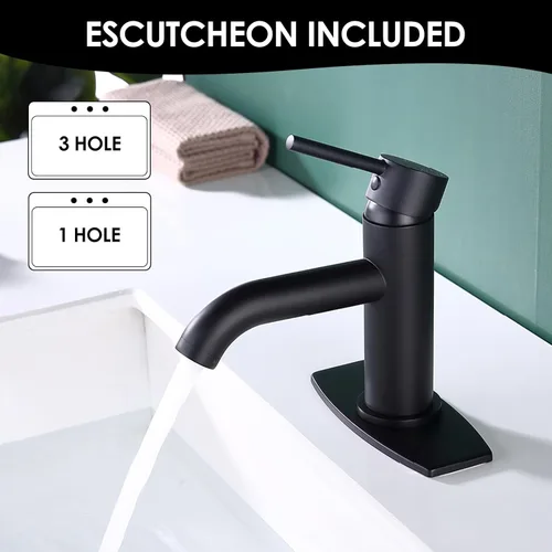 Miniatura 4 de Grifo de baño de una sola manija negro con conjunto de desagüe de metal y escudo, negro mate (negro mate-JO1)