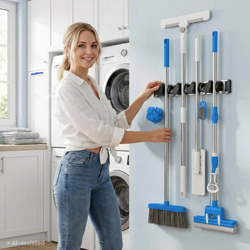 Miniatura 7 de Holikme Soporte para Escobas y Fregonas de Pared, Organizador de Metal para Despensa y Almacenamiento, Organizador de Herramientas de Cocina