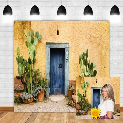 Miniatura 6 de Leyiyi Fondo de fotografía de 5 x 3 pies, diseño de cactus de México, edificio occidental, planta del desierto, Saguaro, grunge, piedra, pared