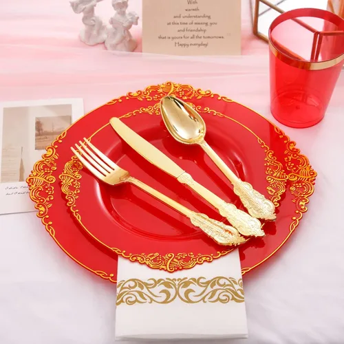 Miniatura 2 de Morejoy 175 platos de plástico rojo, platos desechables rojos con borde dorado, juego de vajilla de plástico rojo y dorado incluye: 50 platos, 25