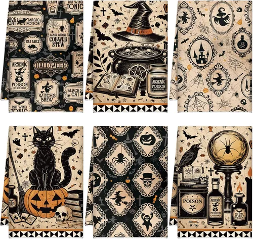 Miniatura 18 de Ganeen Juego de 6 toallas de mano de Acción de Gracias con texto en inglés «Hello Fall» en blanco y negro, vintage, calabaza, camión, motero