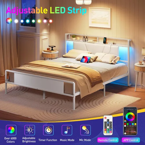 Miniatura 4 de RALGEND Base de cama Queen con cabecero, base de cama LED tamaño Queen con estación de carga, cama moderna de plataforma de metal con estantes