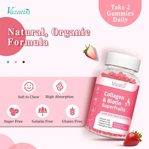 Miniatura 7 de Gomitas de colágeno sin azúcar para mujeres y hombres, gomitas de péptidos de colágeno múltiple tipo I II III V X con biotina, vitamina A B C D E