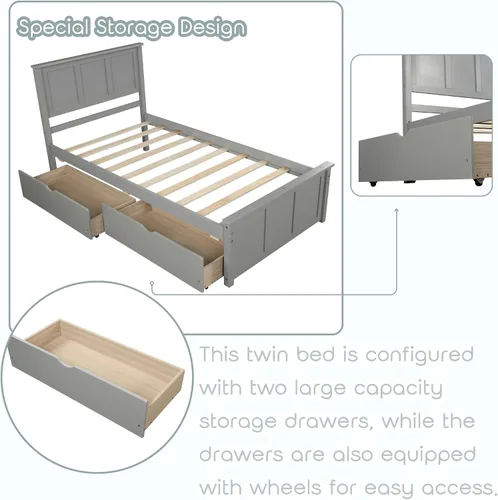 Miniatura 4 de Bellemave Cama individual con cajones, plataforma de madera con cabecero y estribo, cama capitán de madera para niños, niñas, niños, adolescentes
