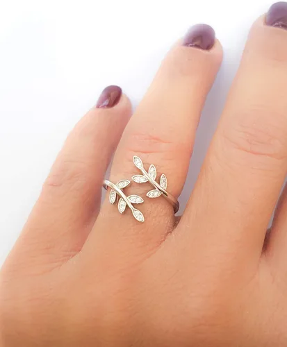 Miniatura 4 de Sterling Silver 925 Clear CZ Ring Leaf Laurel Nature Branch Adjustable Band Tiny Diamonds