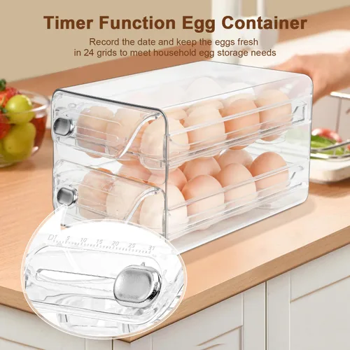Miniatura 5 de Soporte para huevos para refrigerador de 24, organizador de huevos transparente apilable de 2 capas, contenedor de huevos para refrigerador