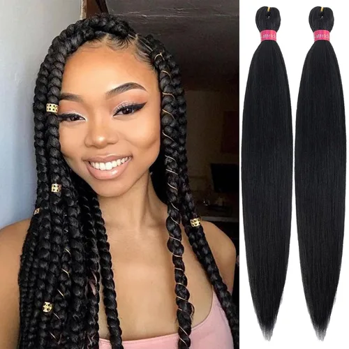Miniatura 33 de Cabello trenzado negro preestirado, 2 paquetes de extensiones de cabello de trenzas de caja de 26 pulgadas, pelo sintético preestirado trenzado