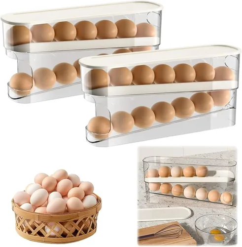 Miniatura 8 de Soporte para huevos para nevera, organizador de huevos para refrigerador de desplazamiento automático para huevos, dispensador rodante, contenedor 1