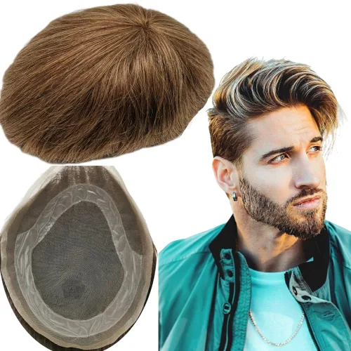 Miniatura 6 de Tupé para hombres y hombres, piezas de cabello para hombre, sistema de reemplazo de cabello humano tipo tupé Hollywood 100% europeo con prótesis