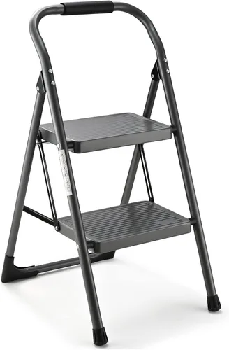 Taburete Escalón para Adultos, Escalera de 2 Escalones Plegable 330lbs Taburete Escalón Antideslizante, Taburete de Acero Ergonómico Plegable de 2