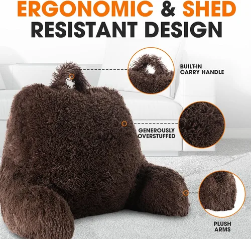 Miniatura 5 de Cheer Collection Silla de almohada de lectura esponjosa, almohada para silla de pelo lanudo con brazos para cama y sofá, color chocolate