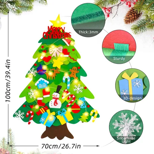Miniatura 3 de EMPOF Árbol de Navidad de fieltro para niños pequeños - Juego de árbol de fieltro de bricolaje de 1 m con luces de copos de nieve + 32 adornos, Luz