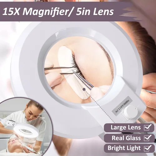 Miniatura 2 de Veemagni Lupa superbrillante de 2,200 lúmenes, lupa de 15X con luz y soporte, lámpara de pie con base rodante de 5 ruedas para tratamientos faciales