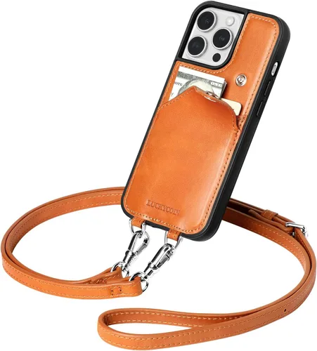 Miniatura 8 de LUCKYCOIN Funda tipo cartera cruzada para iPhone 14 Pro, funda de piel auténtica con protección contra caídas para mujer, con tarjetero expandible
