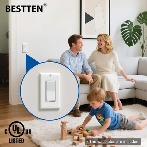 Miniatura 2 de BESTTEN Paquete de 20 interruptores decorativos de pared de 3 vías con placa de pared, 15 A, 120 V/277 V, un solo polo o tres vías, interruptor