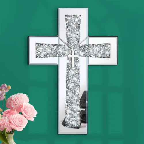Aeveco Cruz de Pared para Decoración, Cruz Espejo Plateada para Sala de Estar, Cruces de Espejo con Diamantes de Cristal Triturados, Arte Religioso