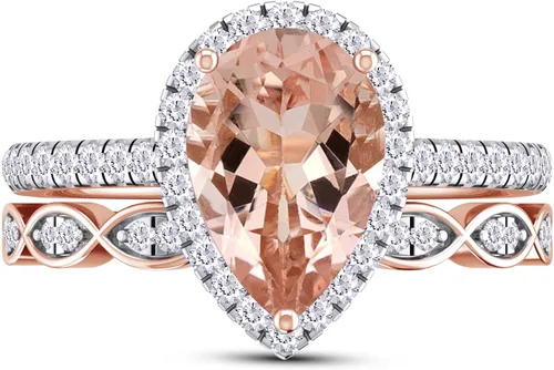 Miniatura 2 de Anillo de compromiso con diamantes blancos naturales y piedras preciosas de corte pera de 0.354 x 0.236 in en oro de 14 quilates sobre plata de ley