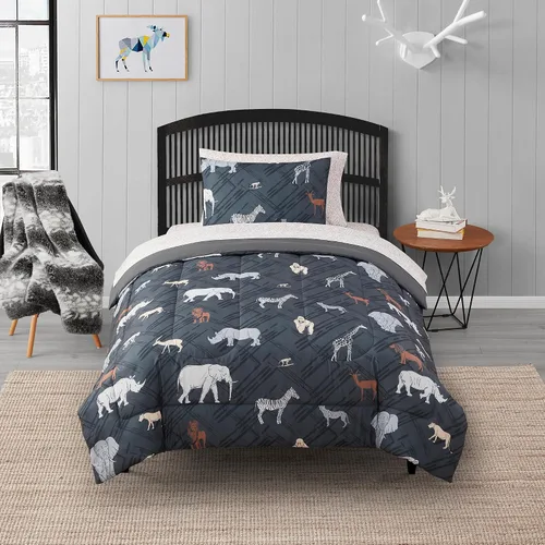 Miniatura 2 de Juego de ropa de cama para niños, cama en una bolsa para niños y niñas pequeños, juego de sábanas y edredón impresos, individual, safari