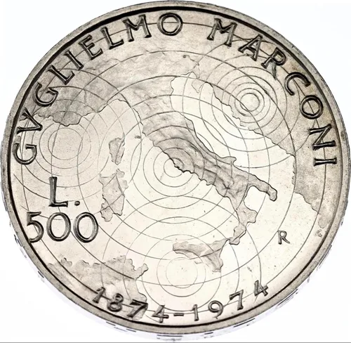Miniatura 2 de 1974 R Moneda Conmemorativa Italiana de Plata 500 Lira Celebrando el 100 Aniversario del Nacimiento de Guglielmo Marconi, Inventor De La Radio. 500