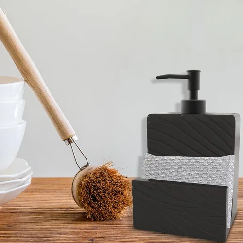 Miniatura 2 de Dispensador de jabón de cerámica con soporte de esponja para fregadero de cocina, contenedor de jabón líquido 2 en 1 con embudo para encimera, baño