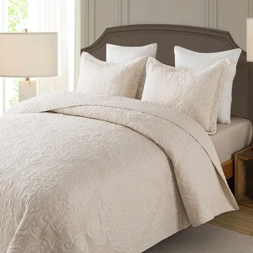 Miniatura 2 de NEWLAKE - Juego de cubrecama reversible de microfibra bordada con patrón floral en relieve en jacquard beige, tamaño queen