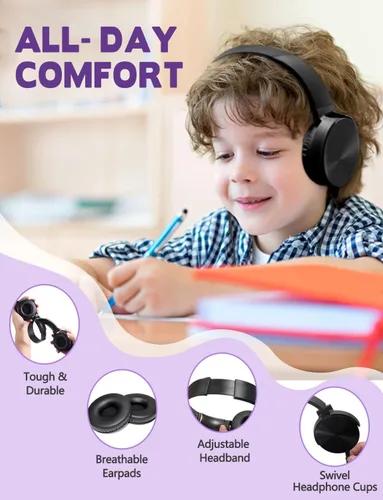 Miniatura 4 de Paquete de 2 audífonos para niños, para escuela, aula, estudiantes, adolescentes, niños, niñas y adultos (HY450, 2 negro)