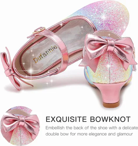 Miniatura 3 de Dufannie Zapatos de vestir para niñas, zapatos de tacón bajo de princesa, zapatos planos con purpurina para bodas y fiestas