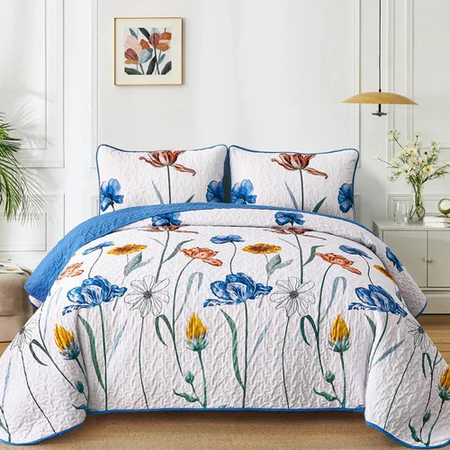 Miniatura 14 de WONGS BEDDING - Juego de edredón floral tamaño Queen, edredón botánico verde y amarillo con 2 fundas de almohada, juego de ropa de cama ligera