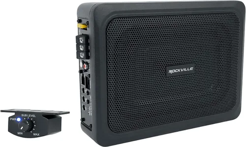 Rockville RW68CA - Subwoofer activo delgado para automóvil bajo el asiento, 400 W, 6 x 8, 4 ohmios, amplificador integrado, control remoto de bajos,