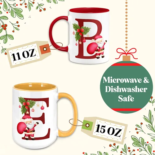 Miniatura 7 de Taza de café con inicial de Navidad con tema de Papá Noel, 11 o 15 onzas, 9 colores opcionales, tazas personalizadas para niños, niños y niñas, taza